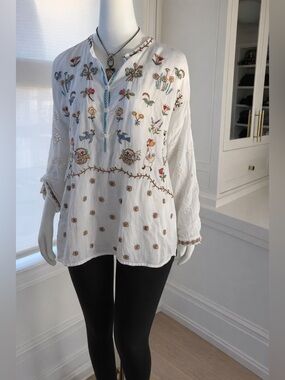 Johnny Was embroidered Boho blouse art tunic white XL